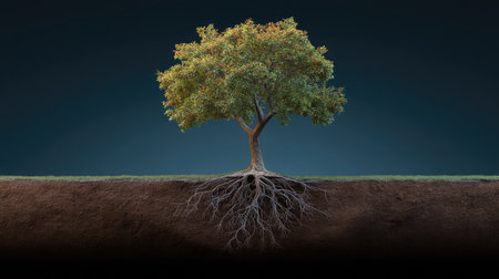 A stunning tree stands prominently above the ground, with a detailed view of its roots in rich soil, symbolizing resilience and the beauty of nature intertwined beneath the surface.の素材