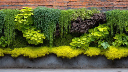 A stunning vertical garden featuring a blend of lush greenery, ferns, and vibrant succulents set against a textured urban brick wall for a fresh and modern aesthetic.の素材