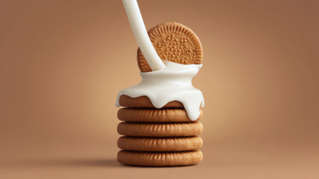 An enticing image showing creamy white milk pouring over a stack of golden cookies, creating a mouthwatering scene perfect for dessert lovers and food enthusiasts.の素材