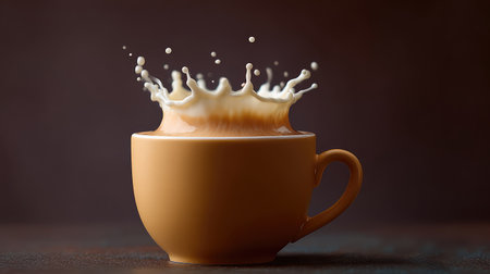 This captivating image showcases a splash of cream in coffee, highlighting the dynamic motion and creamy texture, perfect for culinary or lifestyle themes.の素材