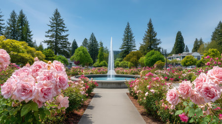 A picturesque rose garden featuring a central fountain, surrounded by vibrant pink roses and lush trees, creating a tranquil outdoor space for relaxation and enjoyment.の素材