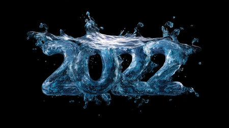 A stunning depiction of the year 2022 formed by water splashes, representing freshness, creativity, and the excitement of new beginnings against a sleek black backdrop.の素材