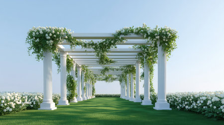 A stunning view of a white pergola draped in vibrant foliage and flowers, surrounded by lush greenery, perfect for outdoor weddings or serene retreats in nature.の素材
