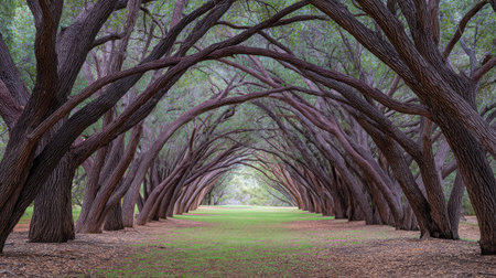 A stunning natural arch formed by lush tree branches creates a serene pathway in a vibrant green landscape, perfect for capturing tranquility and beauty in outdoor settings.の素材