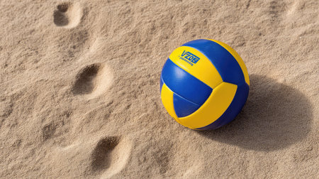 A vibrant beach volleyball sits on the golden sand, surrounded by footprints, inviting viewers to engage in summer sports and outdoor fun under the sun.の素材