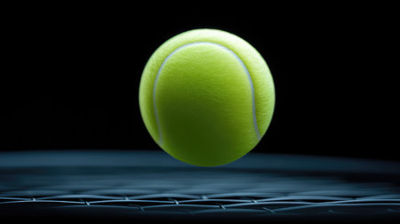 A bright yellow tennis ball is captured mid-air above a tennis net in stunning detail, exemplifying the energy and excitement of the sport against a dramatic dark backdrop.の素材