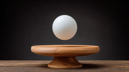 A captivating image of a wooden plate with a hovering white sphere, highlighting the charm of minimalism and the beauty of simple design for home or artistic applications.の素材
