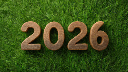 A captivating wooden representation of the year 2026 rests on vibrant green grass, symbolizing growth, renewal, and the promise of a brilliant future in a natural setting.の素材