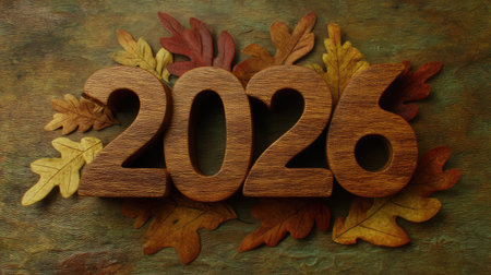 A wooden representation of the year 2026 with colorful autumn leaves, perfect for seasonal designs, celebrations, and nature-inspired themes.の素材