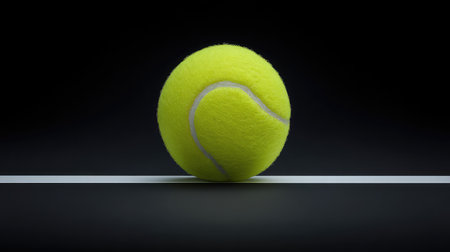 A vibrant yellow tennis ball elegantly rolling on a white line against a deep black background. This image portrays movement, excitement, and the spirit of sportsmanship.の素材
