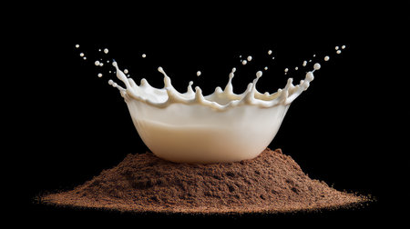 Captivating image of a milk splash from a bowl on cocoa powder, showcasing dynamic motion and rich textures, perfect for culinary projects and beverage advertising.の素材