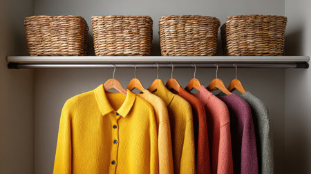 A vibrant display of cozy knitwear hangs on wooden hangers, complemented by woven baskets above, perfect for capturing the essence of autumn fashion and home style.の素材