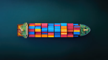 A stunning aerial perspective of a cargo ship full of colorful shipping containers, showcasing the importance of maritime transport in global trade.の素材