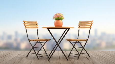 A charming outdoor dining setup featuring a wooden table, two folding chairs, and a vibrant flower pot, perfect for enjoying moments in a serene city environment.の素材