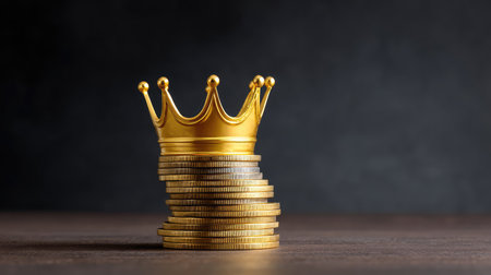 A striking visual of a pile of coins topped with a golden crown, symbolizing wealth and prosperity, perfect for finance-related content and business success themes.の素材