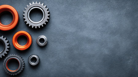 A visually appealing collection of mechanical gears and rings arranged on a textured background, perfect for representing engineering and manufacturing concepts effectively.の素材