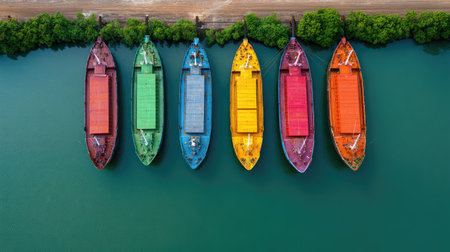 Stunning aerial shot featuring vibrant cargo ships moored along a calm shoreline, highlighting the beauty of maritime trade and lush surroundings. A perfect blend of color and nature.の素材