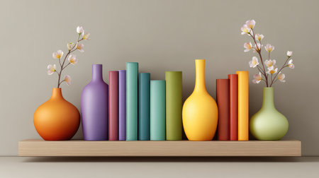 This image showcases a stylish shelf with colorful vases and books, creating an elegant and modern interior design. Ideal for decor inspiration and arrangement ideas.の素材