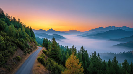 A stunning sunrise paints vibrant colors over a misty valley, revealing a peaceful road amidst a lush forest, inviting adventure in nature's serene beauty.の素材