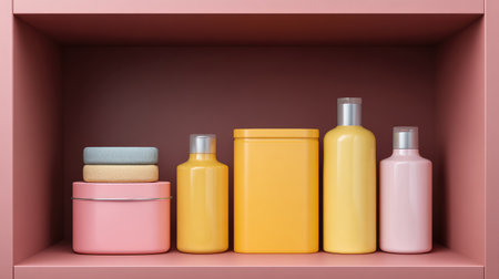A stylish arrangement of colorful bath and body products on a shelf, featuring modern design in soothing pastel tones, perfect for enhancing home decor and promoting relaxation.の素材