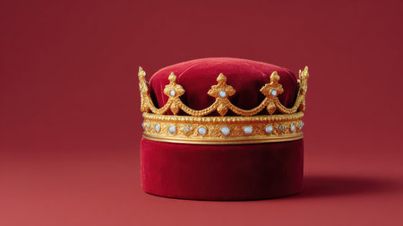 This image features a luxurious royal crown adorned with gold and pearls, set against a rich red velvet background, evoking a sense of history, elegance, and majesty.の素材