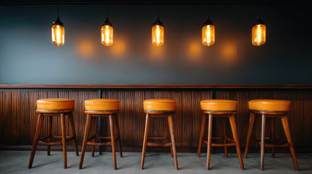 A contemporary bar interior showcasing elegant wooden stools complemented by warm vintage pendant lights, creating a stylish atmosphere for gatherings and relaxation.の素材