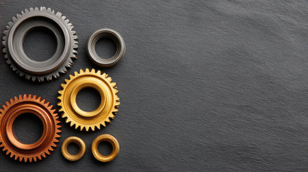 A selection of various metal gears is displayed on a dark textured surface, perfect for illustrating themes of engineering, mechanics, and manufacturing in visual projects.の素材
