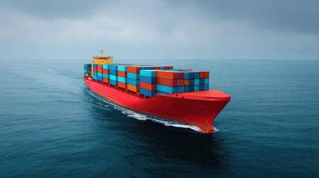 A vibrant red container ship moves gracefully through calm waters beneath an overcast sky, illustrating the essence of maritime transportation and global trade activities.の素材