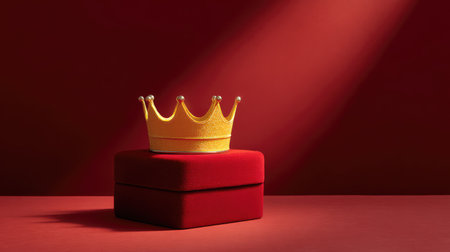 A striking golden crown rests atop a plush red velvet box, illuminated by dramatic lighting, creating a captivating scene that conveys themes of royalty and elegance.の素材