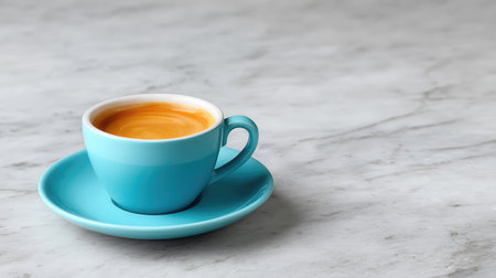 A bright blue cup filled with freshly brewed espresso sits gracefully on a marble table, perfect for enhancing morning routines and creating a cozy ambiance in any setting.の素材