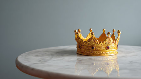 A stunning golden crown resting on a marble table, showcasing intricate details and reflections, perfect for concepts of luxury, royalty, and celebration in visual content.の素材