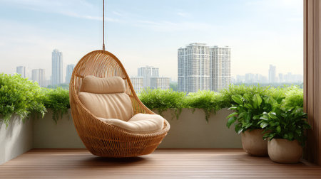 Modern hanging chair on a stylish balcony offers an inviting space for relaxation amid lush greenery and a stunning city skyline, ideal for enjoying serene moments.の素材