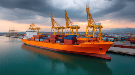 A vibrant cargo ship loaded with colorful containers docks at a port under a dramatic cloudy sky, symbolizing the significance of maritime trade and logistics in the global economy.の素材