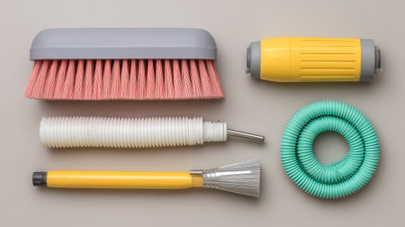 This image showcases a selection of diverse cleaning tools arranged neatly on a neutral surface, perfect for showcasing products in home improvement or cleaning categories.の素材
