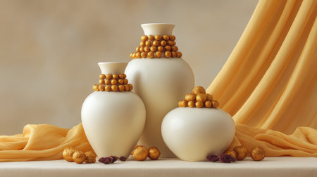 A serene arrangement of three white ceramic vases adorned with golden beads, set against a soft fabric background, perfect for enhancing any living space or artistic display.の素材