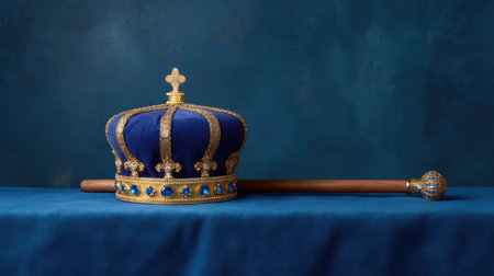 An elegant royal crown crafted with blue velvet and intricate gold detailing, accompanied by a scepter, perfect for themes of royalty and power.の素材