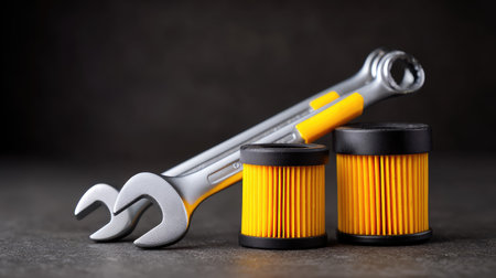 A close-up image featuring a shiny wrench tool alongside two oil filters with striking yellow accents, perfect for automotive and mechanic-related themes and projects.の素材