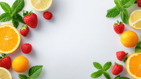 Colorful arrangement of fresh fruits including oranges, strawberries, and mint leaves on a clean background, perfect for promoting health, nutrition, and culinary creativity.の素材