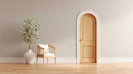 A serene interior scene featuring a wooden door, an elegant armchair, and a decorative plant. The space emphasizes modern and minimalist design elements for a cozy ambiance.の素材
