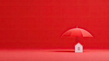 Bright red backdrop features a small white house sheltered under a vivid red umbrella, representing safety and protection in real estate and insurance contexts.の素材