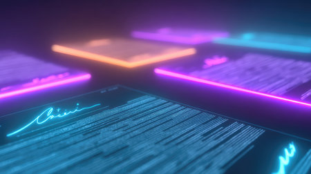This abstract image features futuristic digital documents glowing in neon colors, symbolizing technology, data, and modern communication in a captivating virtual environment.の素材