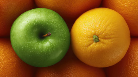 A vivid green apple sits next to a ripe orange, illustrating the delightful contrast of colors and textures. Ideal for themes related to health and fresh produce.の素材