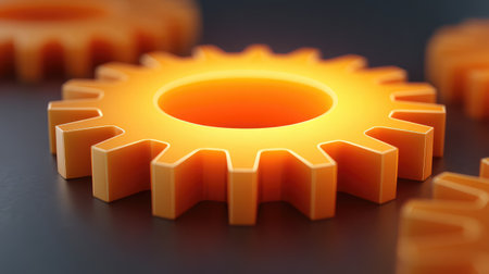 A vivid orange gear set against a dark background, representing the essence of industry and engineering with a modern and creative flair in design.の素材