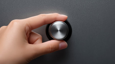 Close-up of a hand reaching for a sleek silver knob on a dark appliance, showcasing the interaction between user and kitchen utility in a modern home setting.の素材