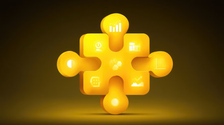 A vibrant yellow puzzle piece representing business growth and strategy, featuring icons and graphs to visualize key concepts in modern data analysis and collaboration.の素材