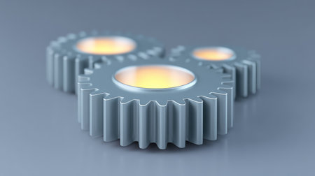 Conceptual image of three metallic gears, symbolizing mechanical efficiency and innovation in industry. The gears are illuminated, creating an aesthetic and technical appeal.の素材