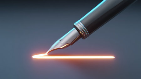 A detailed view of a fountain pen nib gracefully drawing a luminous line, capturing the essence of creativity, artistry, and the joy of writing on a pristine surface.の素材