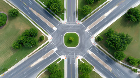 Aerial capture of a modern roundabout design, showcasing a blend of urban infrastructure and nature with surrounding greenery, emphasizing efficient traffic flow and accessibility.の素材
