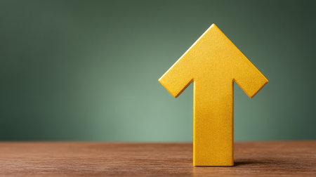 A striking yellow arrow symbolizing growth and progress rests on a wooden table, inviting feelings of motivation and inspiration against a calming green backdrop.の素材