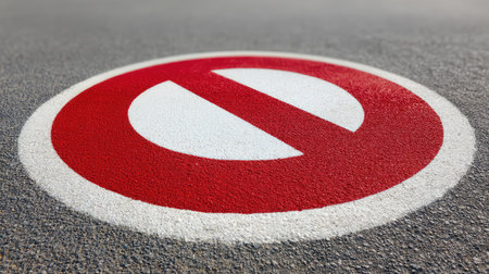 A close-up view of a circular no entry sign painted on an asphalt surface. The vibrant red and white colors signify prohibition, important for traffic safety in urban areas.の素材
